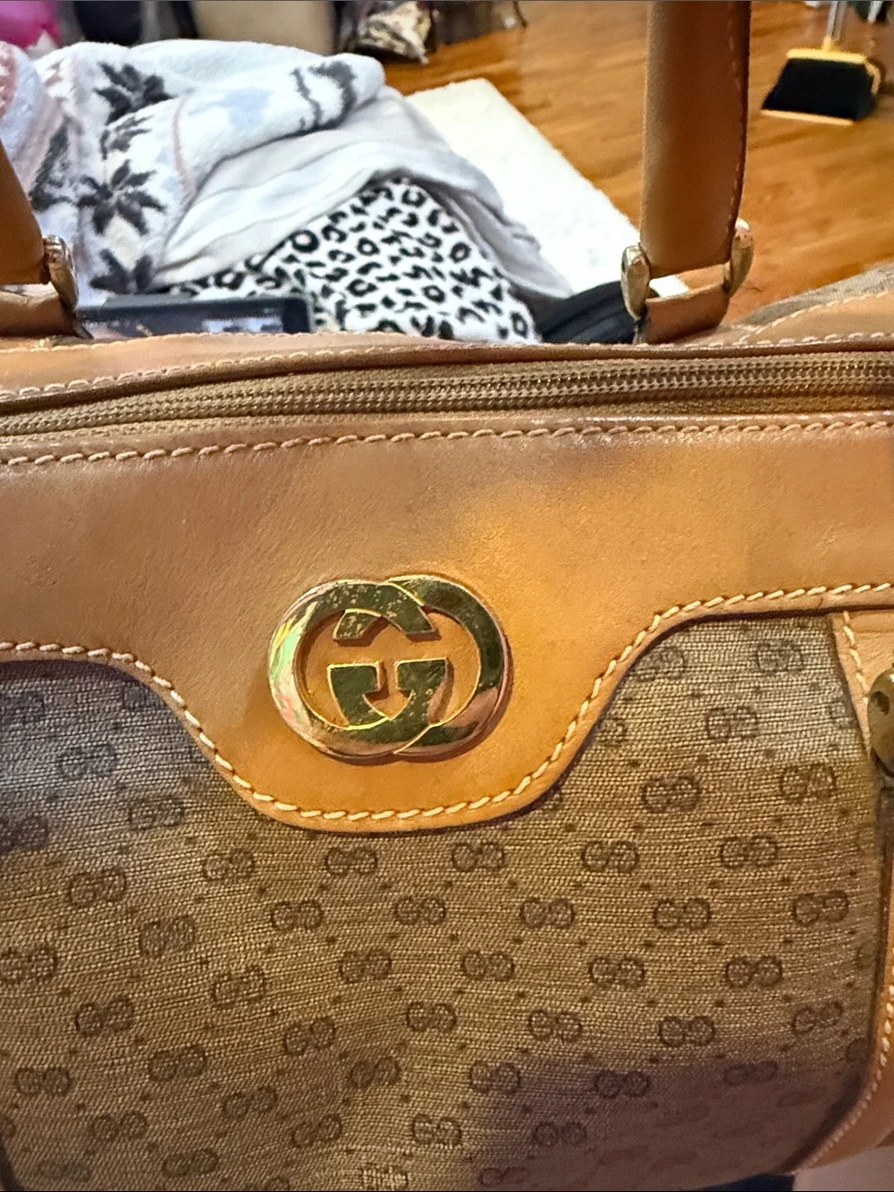 Authentic vintage Gucci Brown and Tan GG Canvas Satchel with Gold Hardware